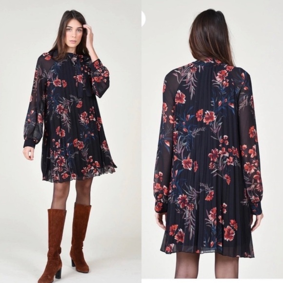 Molly Bracken black floral pleated lined long sheer sleeve swing dress tie neck - Picture 4 of 16